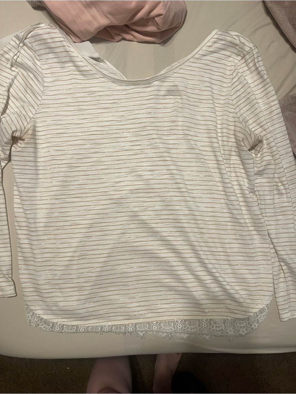 LC Lauren Conrad Cream Striped Lace-Trim Pullover